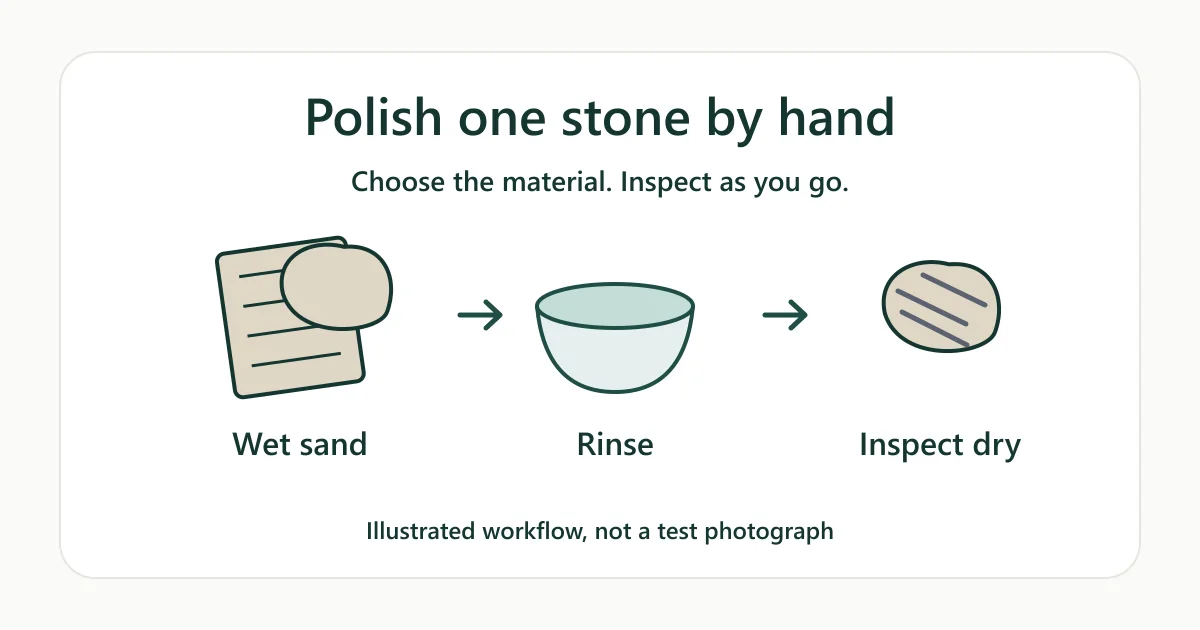 Diagram of wet sanding, rinsing and inspecting one stone by hand
