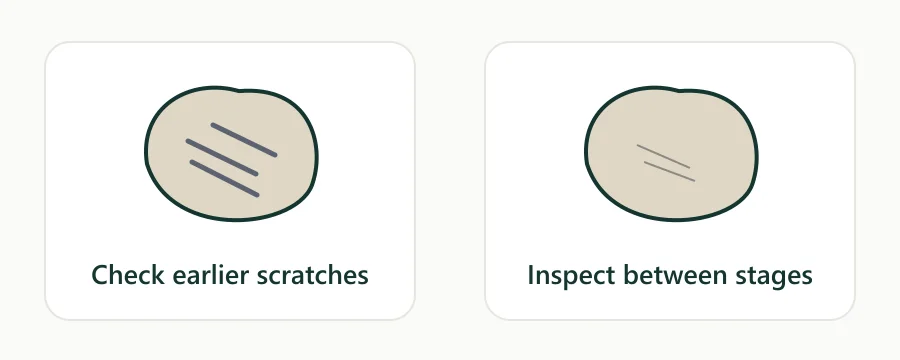 Schematic stone surfaces with deep scratches and finer marks under inspection