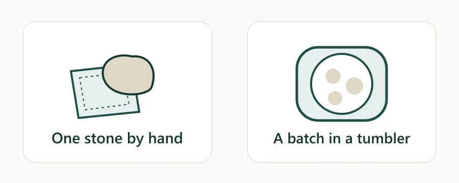 One stone worked by hand compared with multiple stones in a tumbler barrel