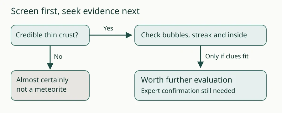Flowchart: credible thin crust; no means almost certainly not; yes leads to conflict checks and possible expert evaluation