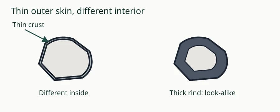 Cross-section with a thin dark edge around a gray interior, beside a thick rind marked as a look-alike