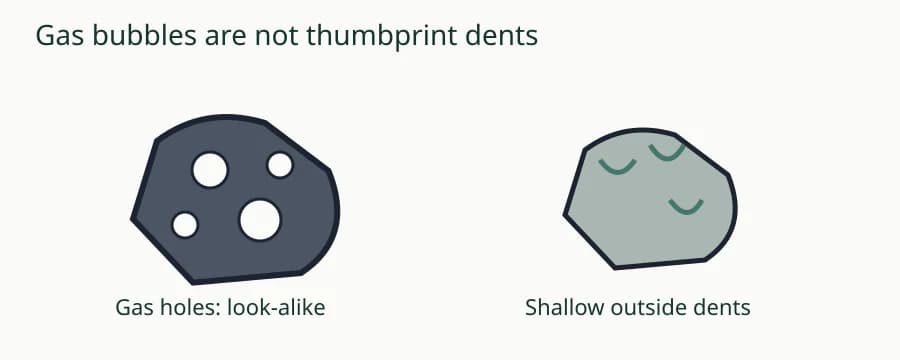 Section through a bubbly slag-like stone beside shallow surface dents on a solid stone