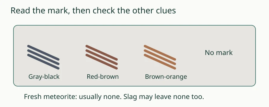 Ceramic streak plate with gray-black, red-brown and brown-orange marks, plus a blank area