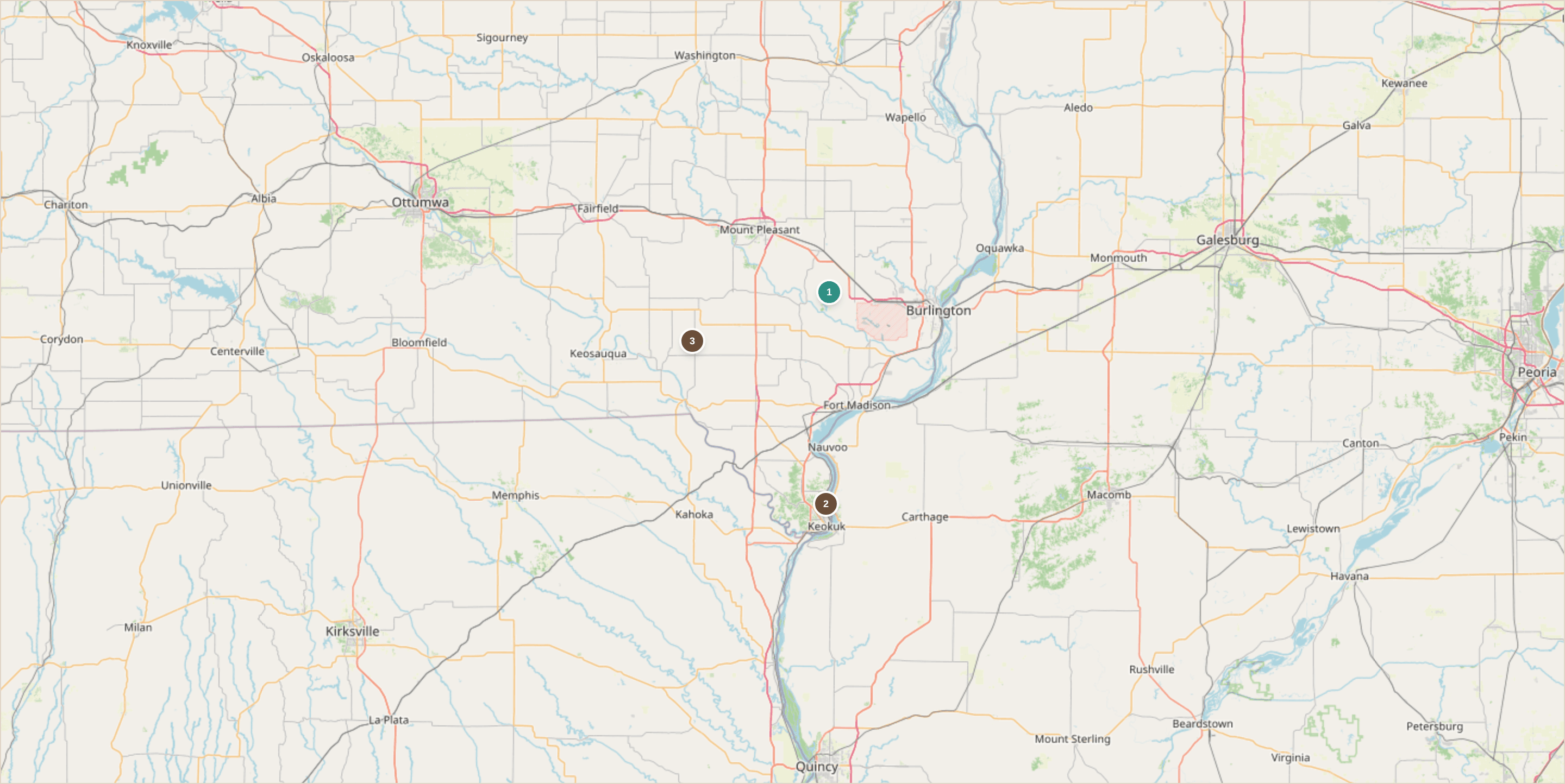 Rockhounding location map for Keokuk Geode Region, Iowa