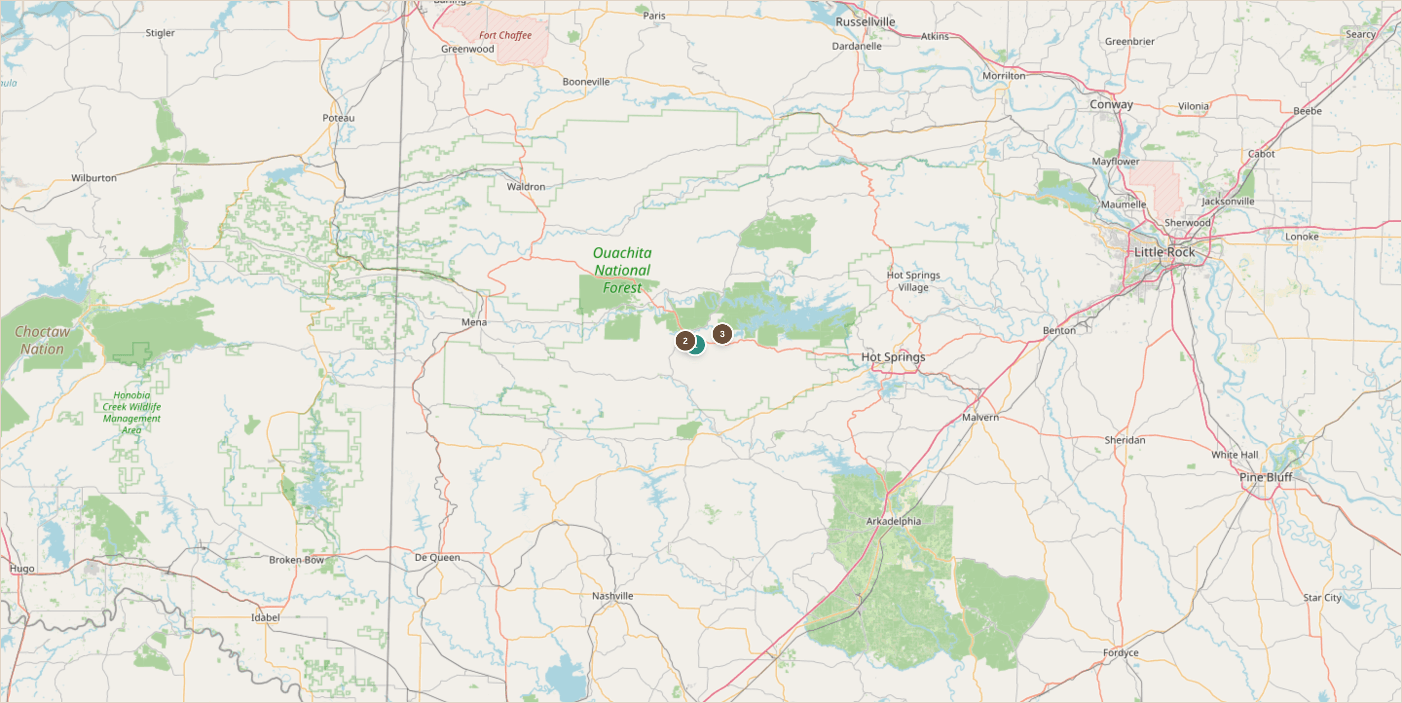 Rockhounding location map for Mount Ida Quartz Mines, Arkansas