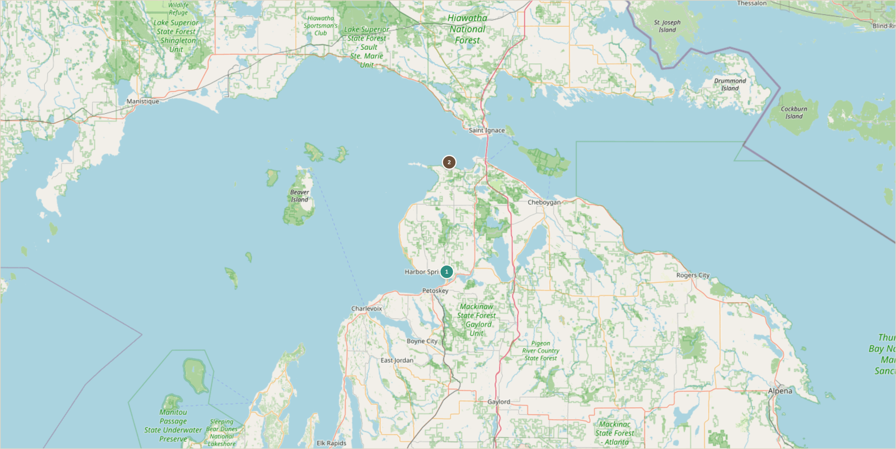 Rockhounding location map for Petoskey Stone Beaches, Michigan